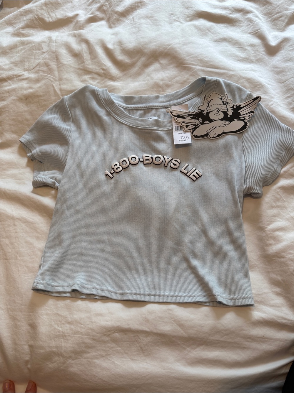 Boys Lie Light Blue Ribbed Crop Tee with 1-800-BOYS LIE Graphic